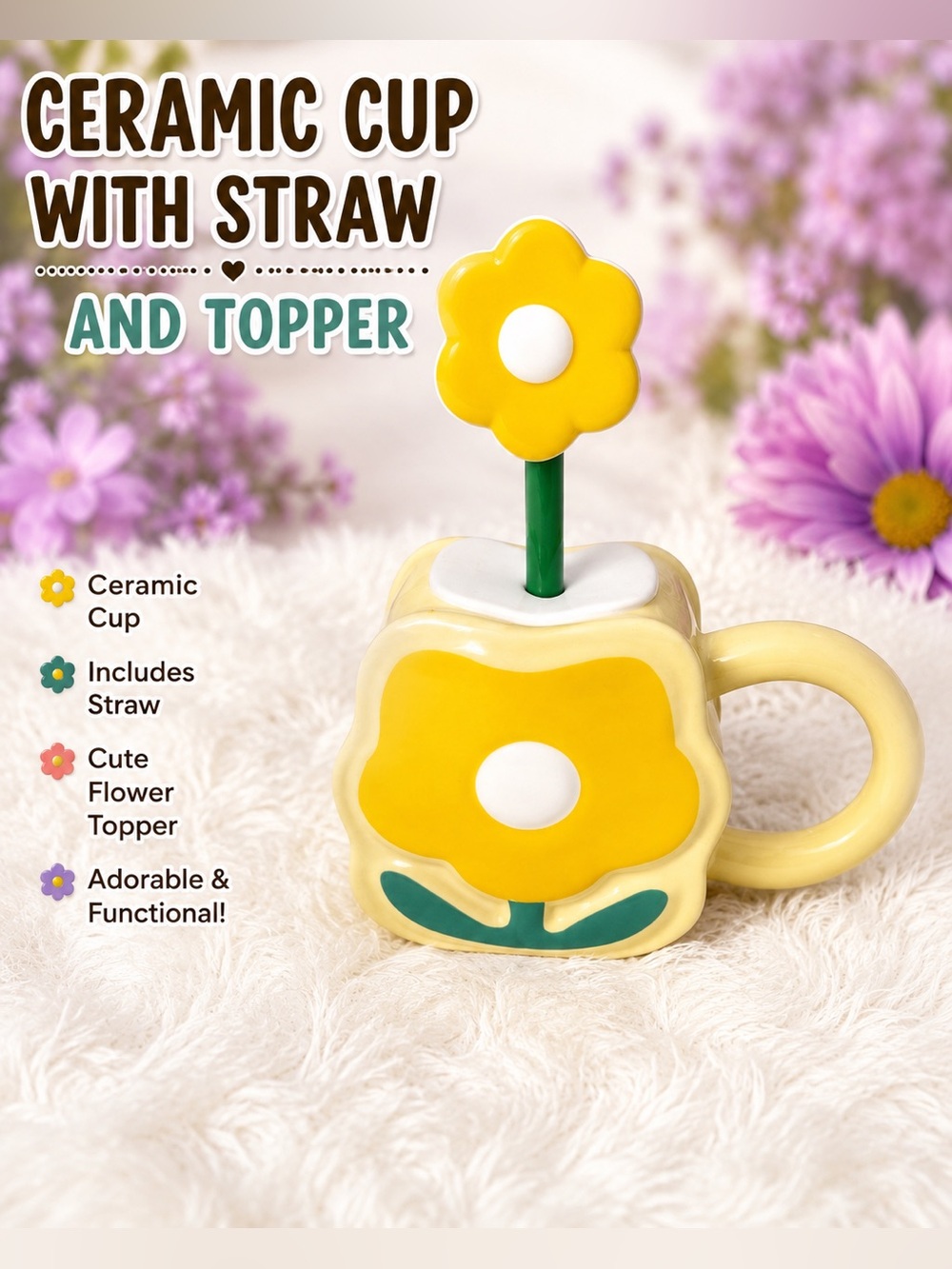Yellow Ceramic Flower Cup with Straw and Topper - Charming Home Party Mug